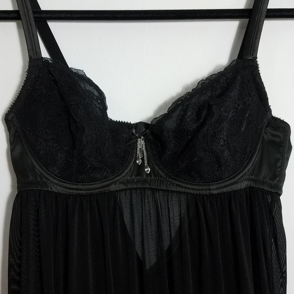 Sexy Adore Me black satin mesh babydoll gown, 34D